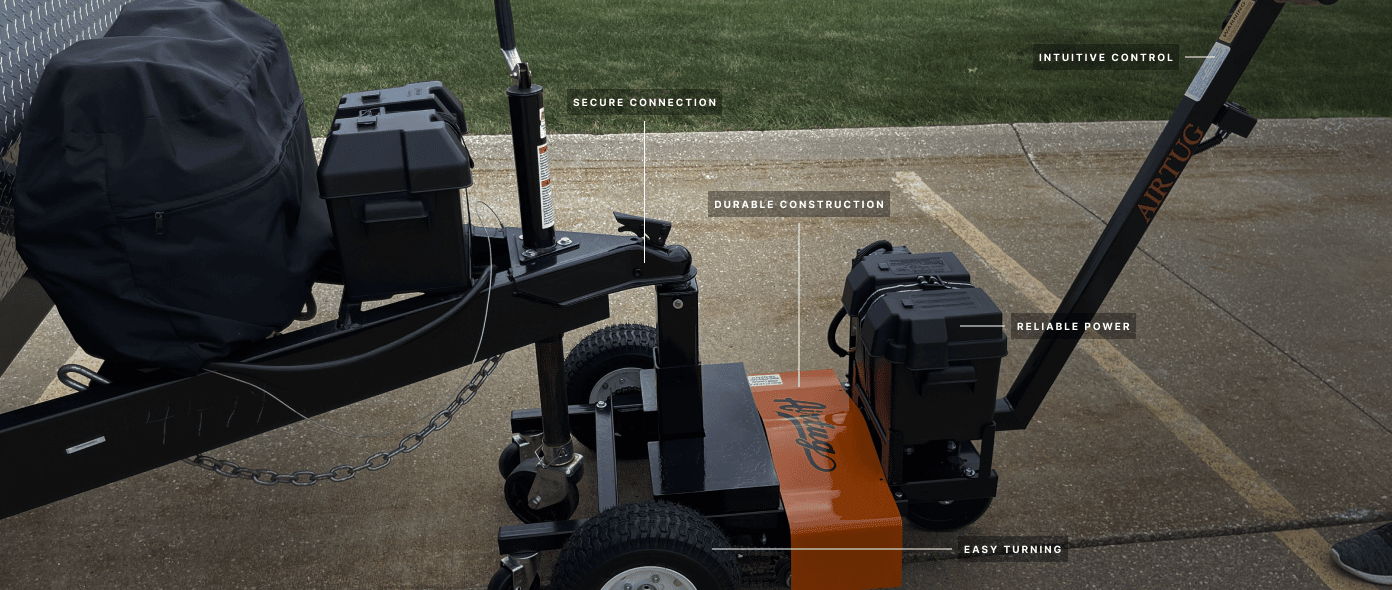 trailer tug attached to trailer with labeling