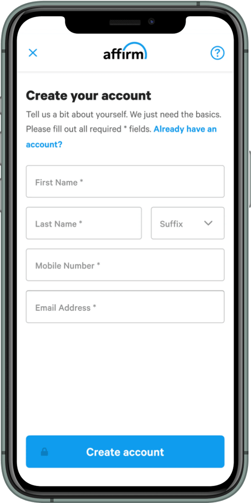 screenshot of creating account